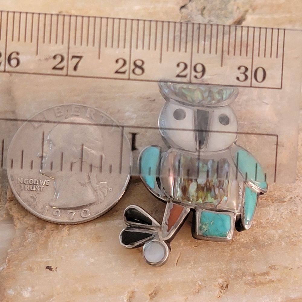 Old Pawn Zuni Sterling Owl Turquoise MOP Abalone Red Coral Brooch Pin - Picture 5 of 6